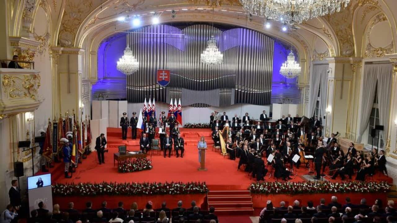 New Slovak President Zuzana Caputova deliveres her presidential speech during a parliamentary session in Bratislava, Slovakia