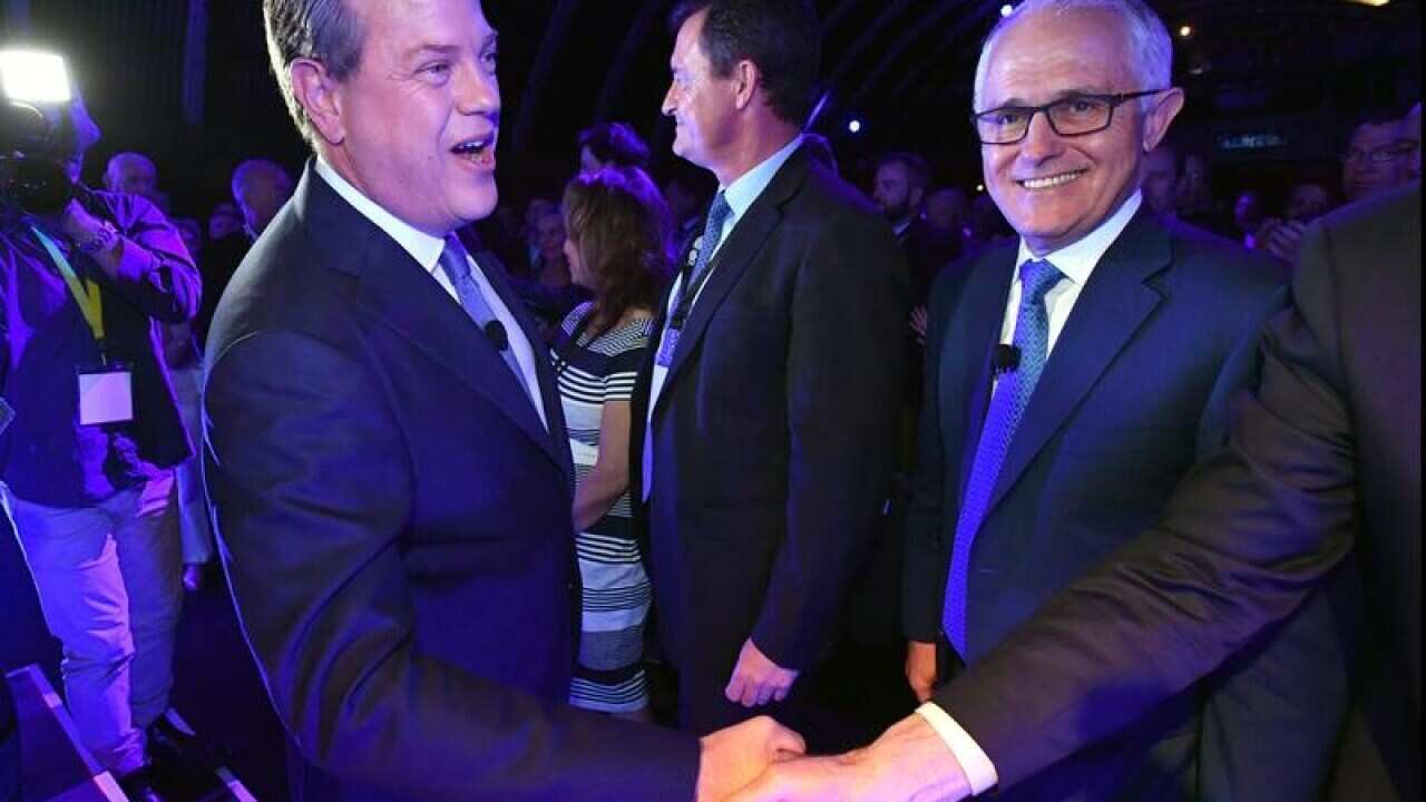 Tim Nicholls with prime minister Malcolm Turnbull at the LNP launch.