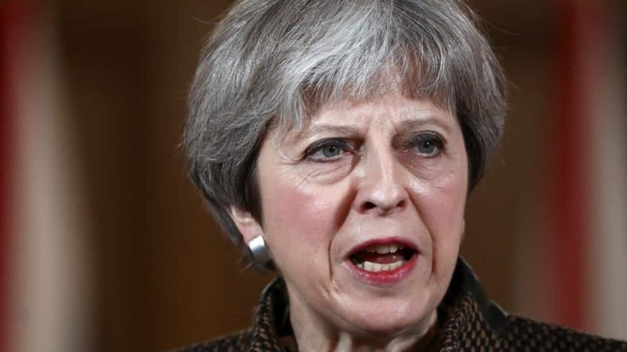 Prime Minister Theresa May speaks.