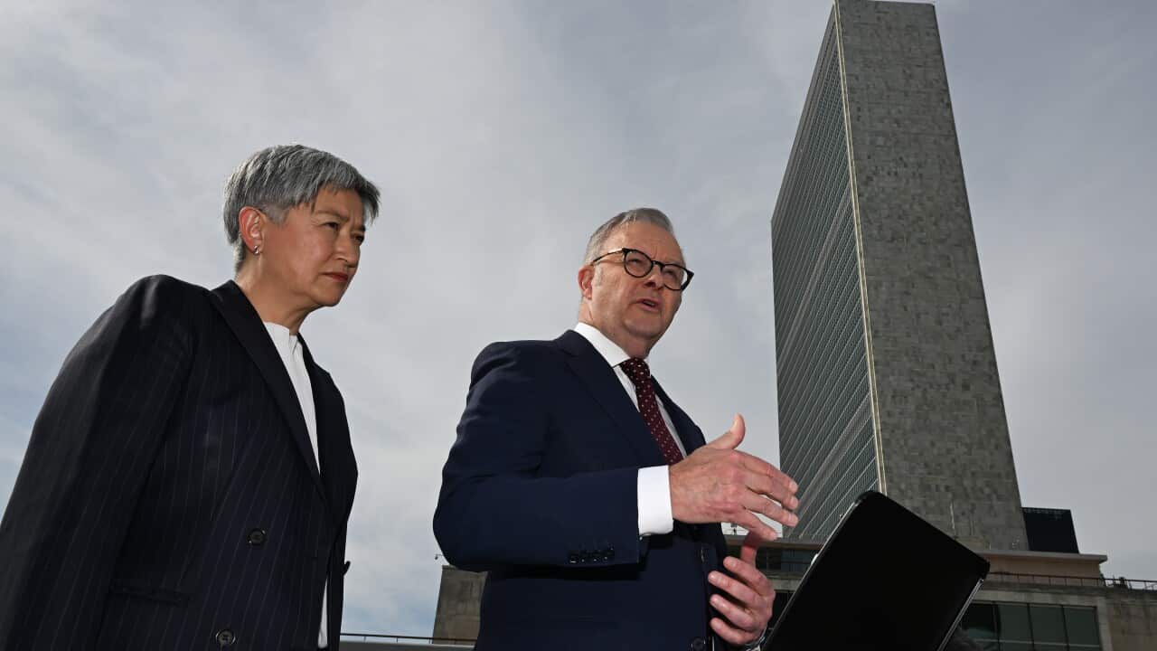 Australian Prime Minister Anthony Albanese and Australian Foreign Minister Penny Wong speak to the media during a press conference, ahead of the 80th session of the United Nations General Assembly at UN headquarters in New York, United States, Sunday, September 21, 2025.