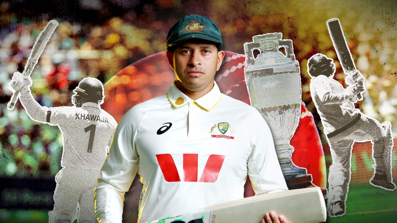 A stylised image featuring a man wearing a white cricket jersey and holding a bat in the centre, with two batters on either side and a crowd of spectators in the background.