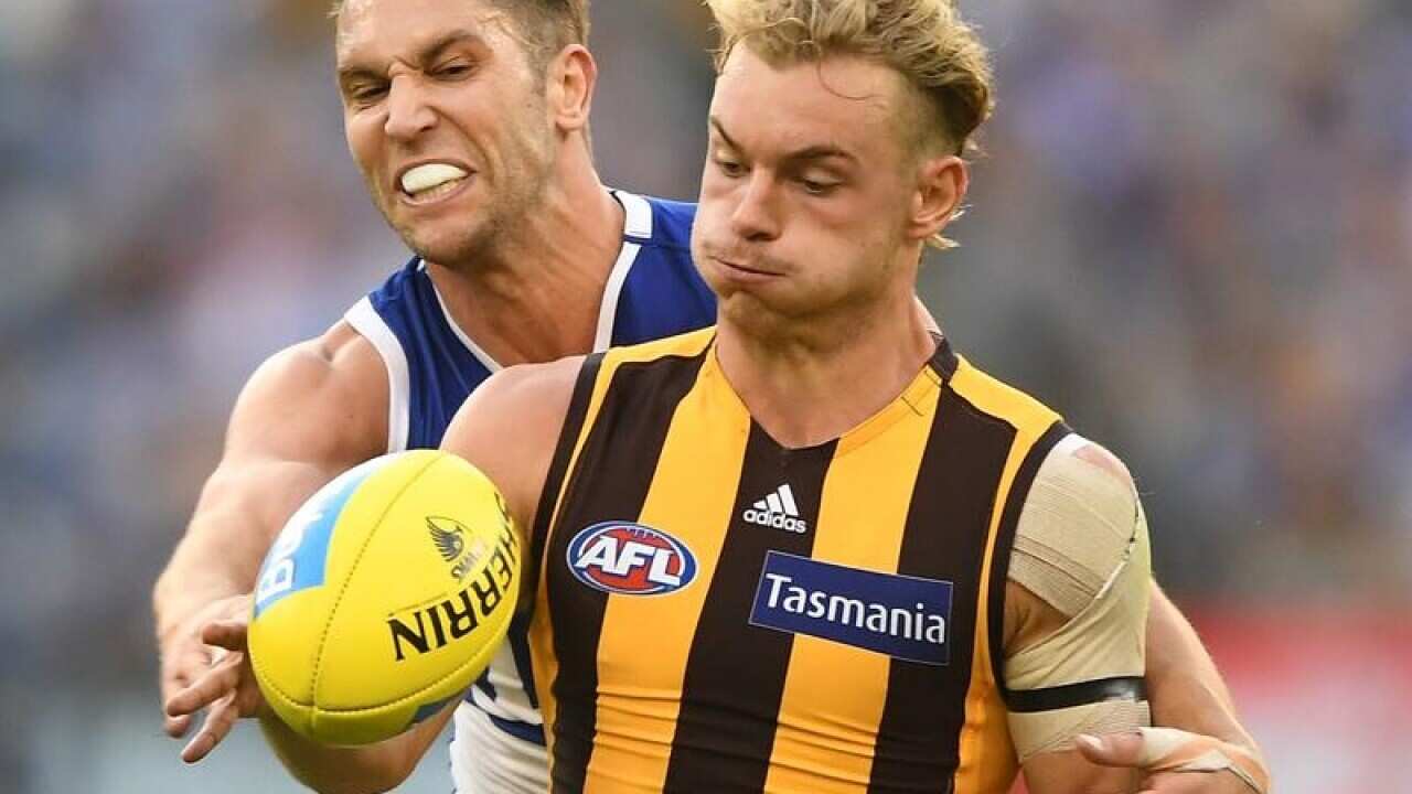 North Melbourne's Jamie Macmillan (L) and Hawthorn's James Worpel.