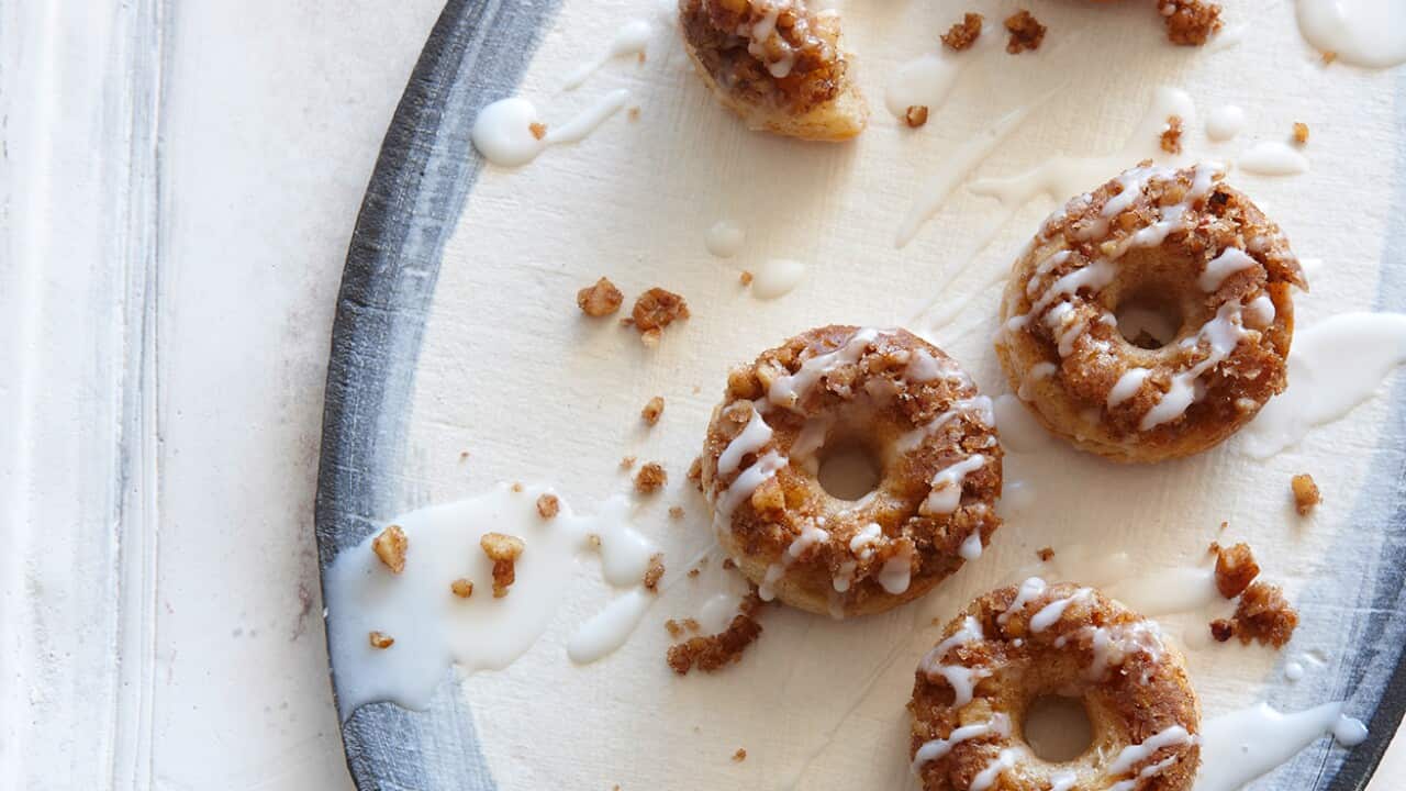 Mini pecan crumble doughnuts with lemon glaze