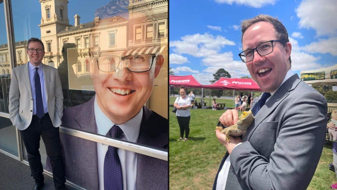A composite image showing on the left-hand side Joe McCracken in front of his electorate office in Ballarat. On the right-hand side of the image, Mr McCracken pets an animal from the petting zoo during the Australia Day 2023 event held by the Pyrenees Shire Council.