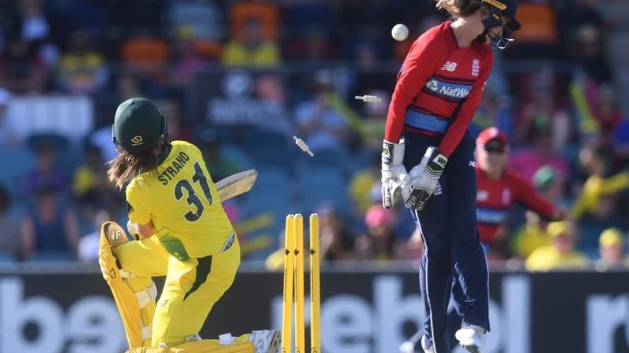 Molly Strano is bowled during the second Women's Ashes T20 match.