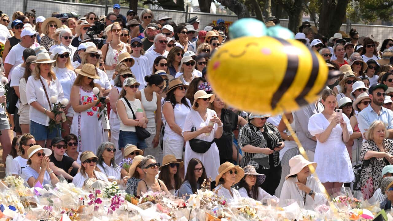 A large crowd gathered, many wearing white.