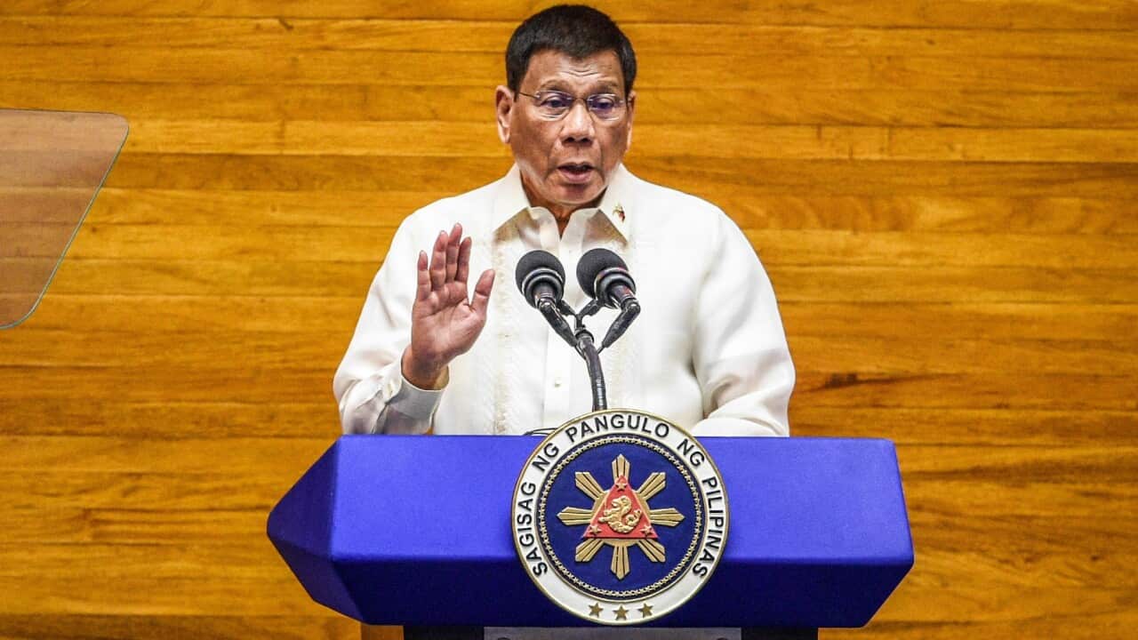 Philippine President Rodrigo Duterte gestures as he delivers his State of the Nation Address (SONA) in Quezon City, Metro Manila, Philippines, 26 July 2021. President Duterte delivered, in front of the Philippine Congress, the last SONA of his six-year te