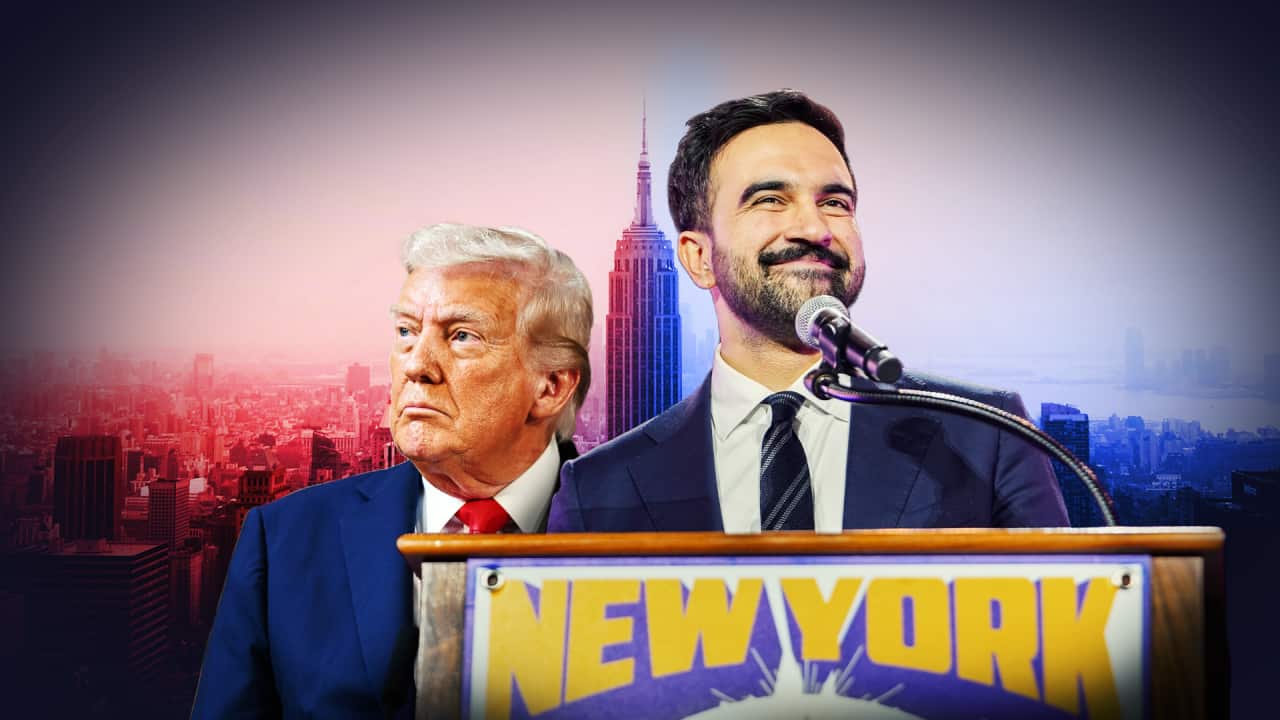 A composite image of Zohran Mamdani, Donald Trump, and the skyline of New York City