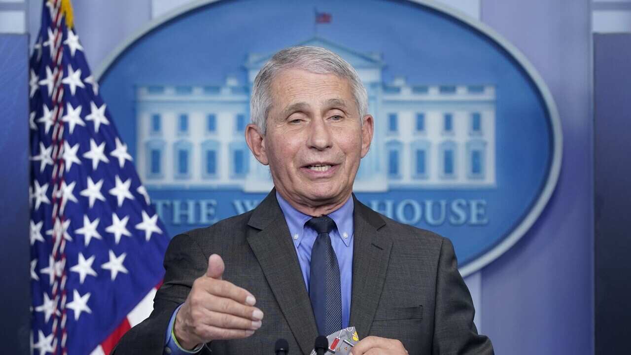 Dr. Anthony Fauci, director of the National Institute of Allergy and Infectious Diseases, speaks during a press briefing at the White House.