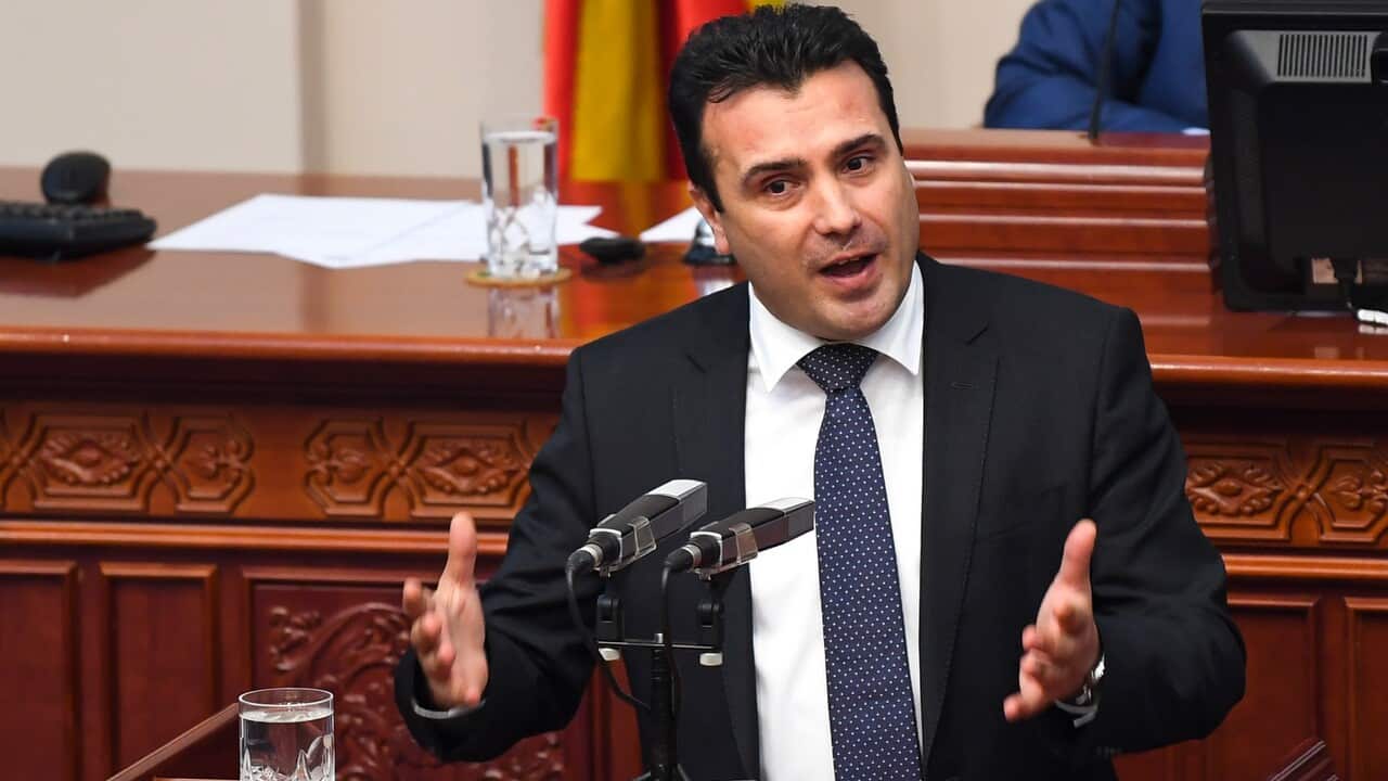 Zoran Zaev gestures during  the final Parliamentary session for changing the constitution and the country name to North Macedonia, in Skopje.