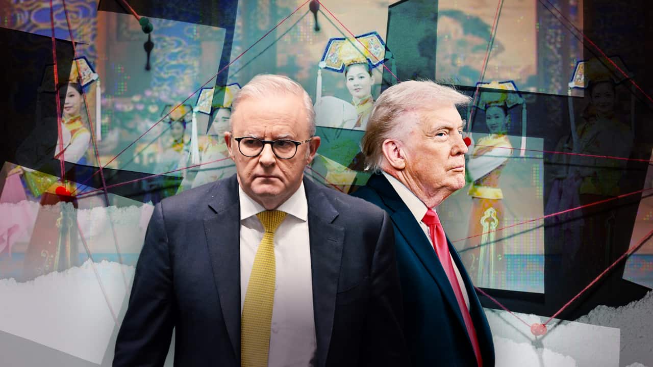 Images from the Shen Yun dance company, with Anthony Albanese and Donald Trump overlaid.