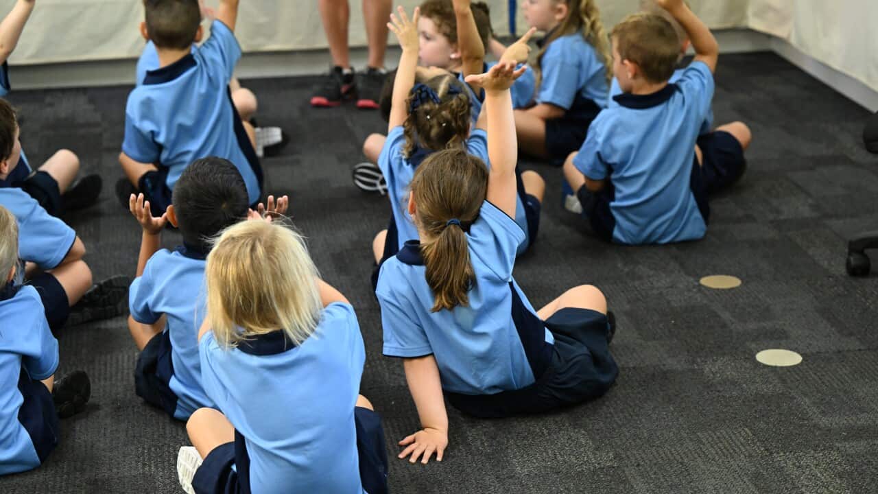 A group of young school children in blue uniforms sit on carpet in a classroom facing away from a camera. Some are raising their hands.