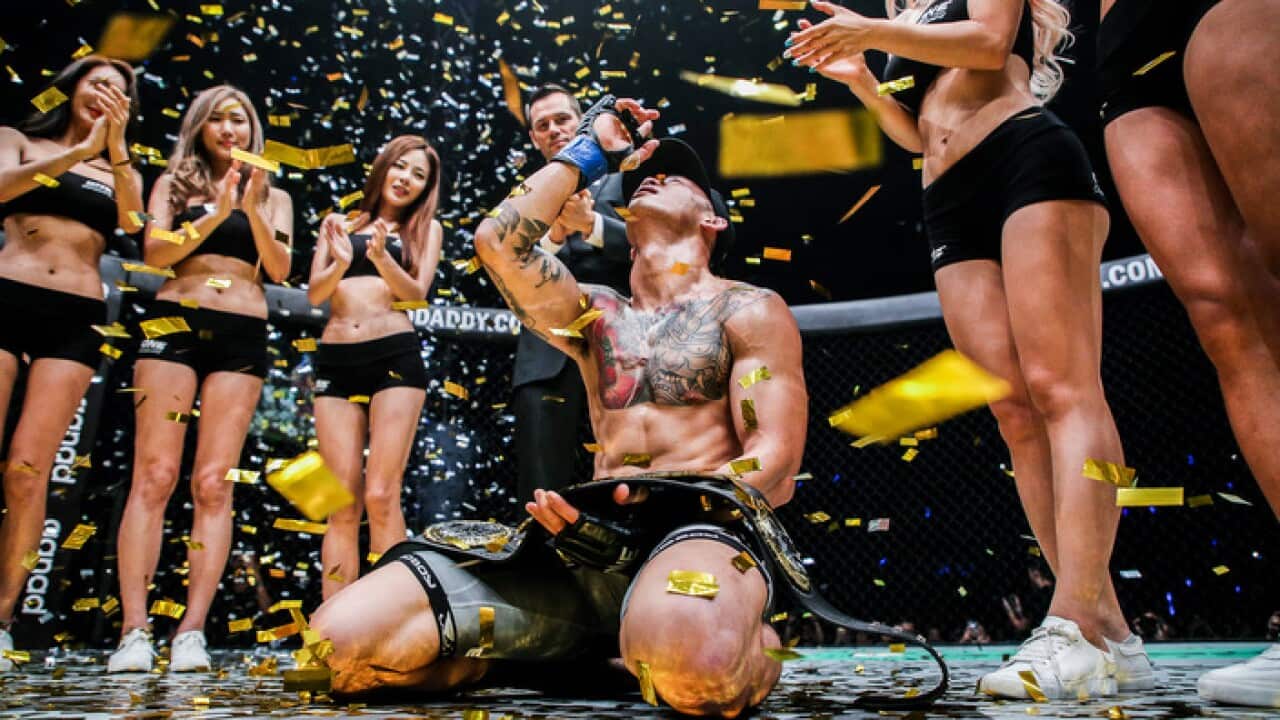 An emotional Nguyen at the center of the ONE Championship cage, thanking his late father, whom he said was watching over him.