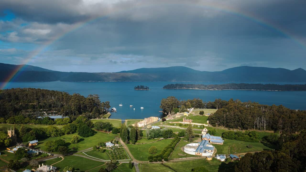 Aerial View of Port Arthur Historic Site with a Rainbow in the Sky