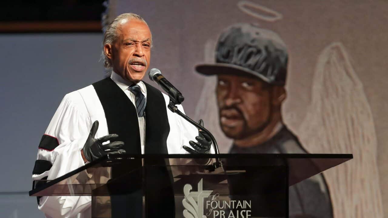 The Rev. Al Sharpton speaks during the funeral for George Floyd on Tuesday, June 9, 2020, at The Fountain of Praise church in Houston. (Godofredo A. Vásquez/Houston Chronicle via AP, Pool)