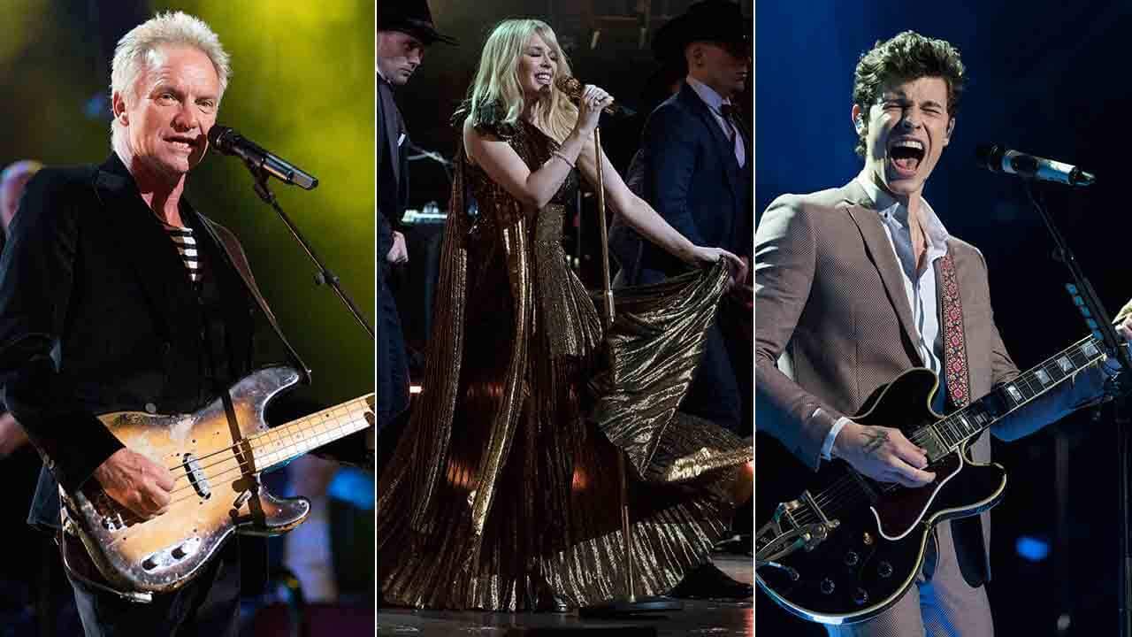 From left: Sting, Kylie Minogue and Shawn Mendes were among the performers at the Royal Albert Hall in London for the Queen's 92nd birthday.