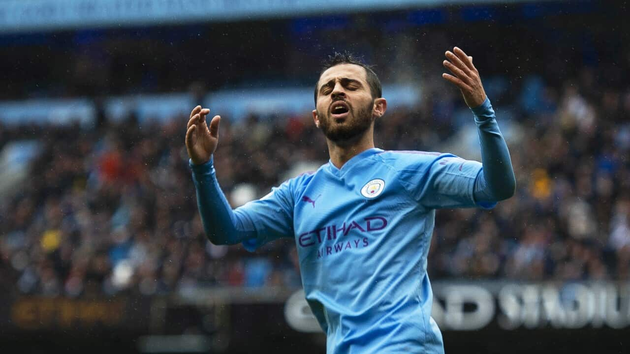 Manchester City's Bernardo Silva reacts during an English Premier League match between Manchester City and Aston Villa