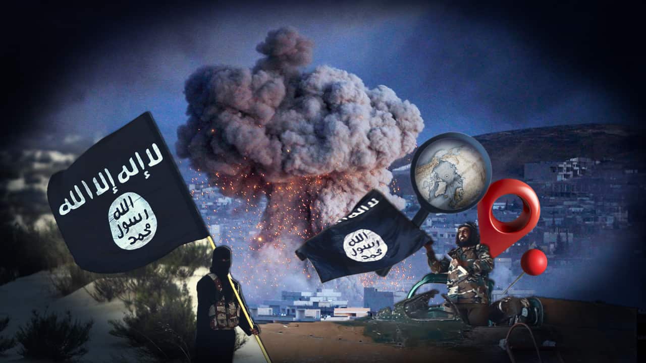 A composite of Islamic State group militants, an explosion and location tags