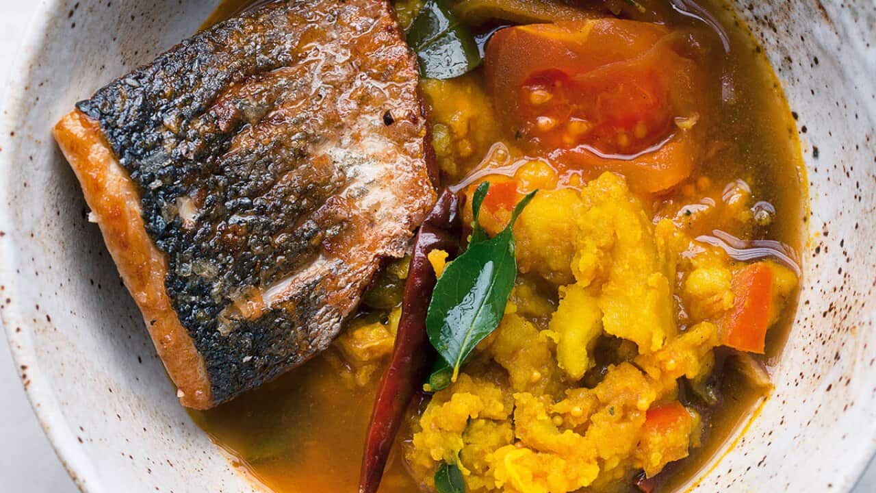 Sea bass and turmeric potatoes in rasam broth