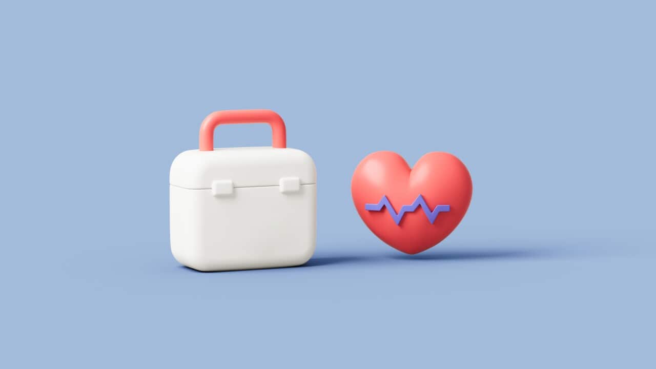 Medical kit and heart in the blue background, medical concept, 3D rendering