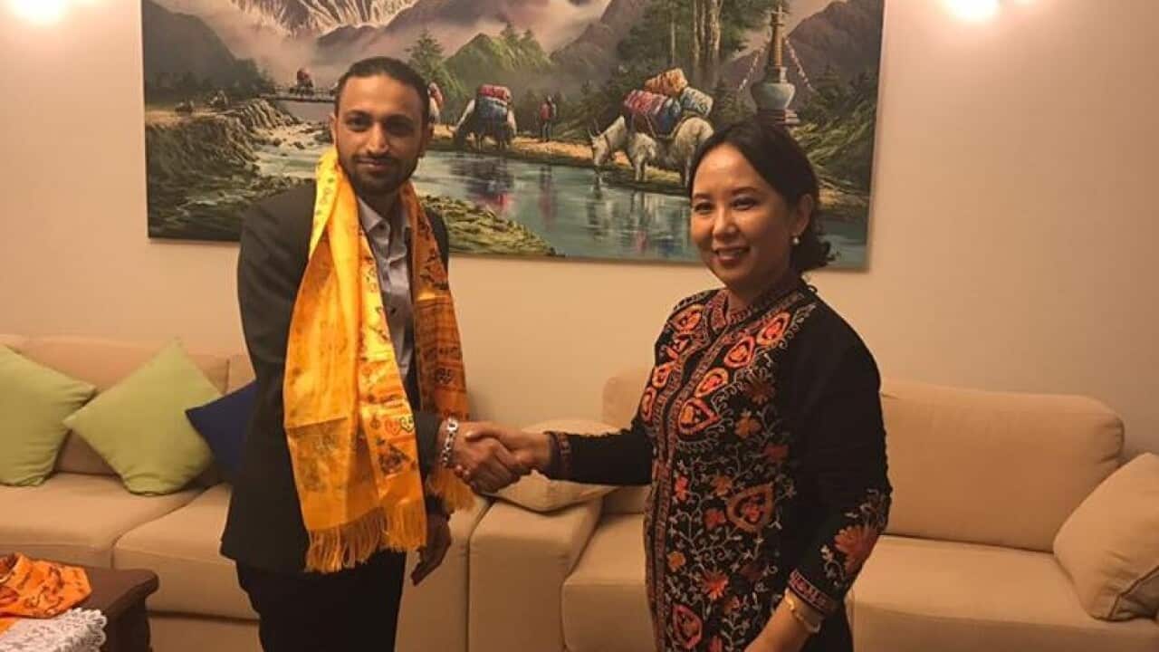 Council of International Students' president Bijay Sapkota with Nepal's Ambassador to Australia, Lucky Sherpa, during a meeting in Canberra in 2017.