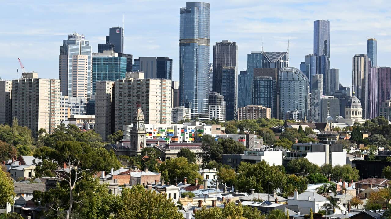 The Melbourne skyline and rooftops of buildings are seen in Melbourne, Wednesday, April 16, 2025. (AAP Image/James Ross) NO ARCHIVING