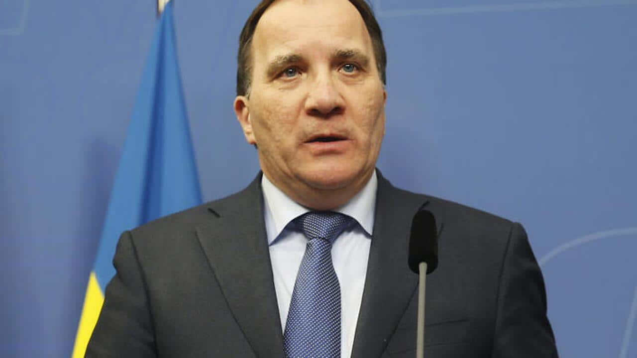 Swedish Prime Minister Stefan Lofven gives a media conference at Rosenbad after the truck terror attack in Stockholm