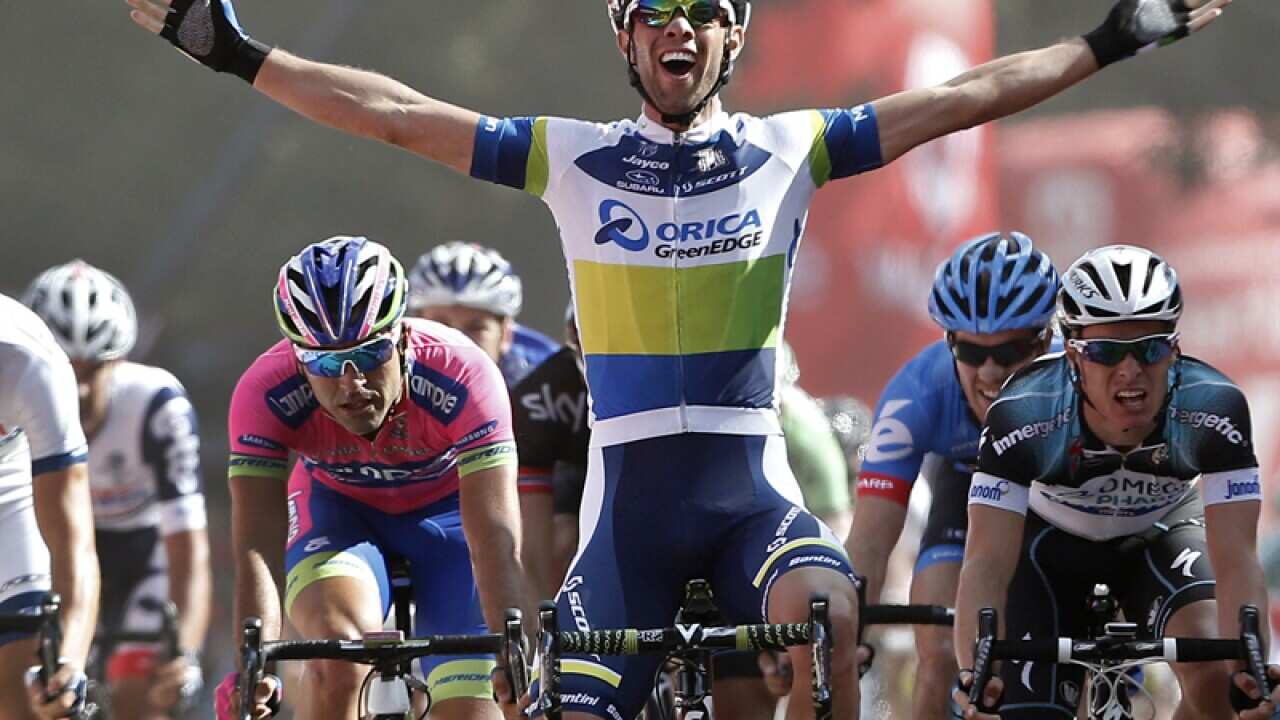 Michael Matthews celebrates his victory at the Tour of Spain