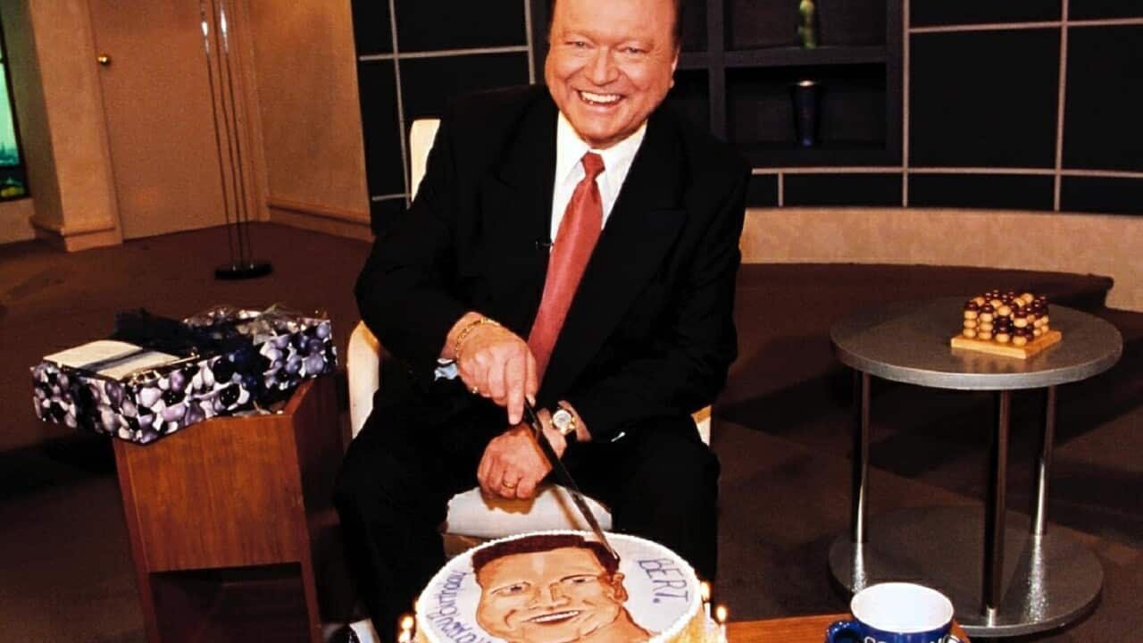 TV Personality Bert Newton celebrating his birthday on the set of Good Morning Australia July 23, 2001. 