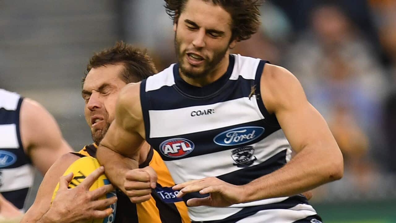 Luke Hodge of the Hawks is struck by James Parsons of the Cats