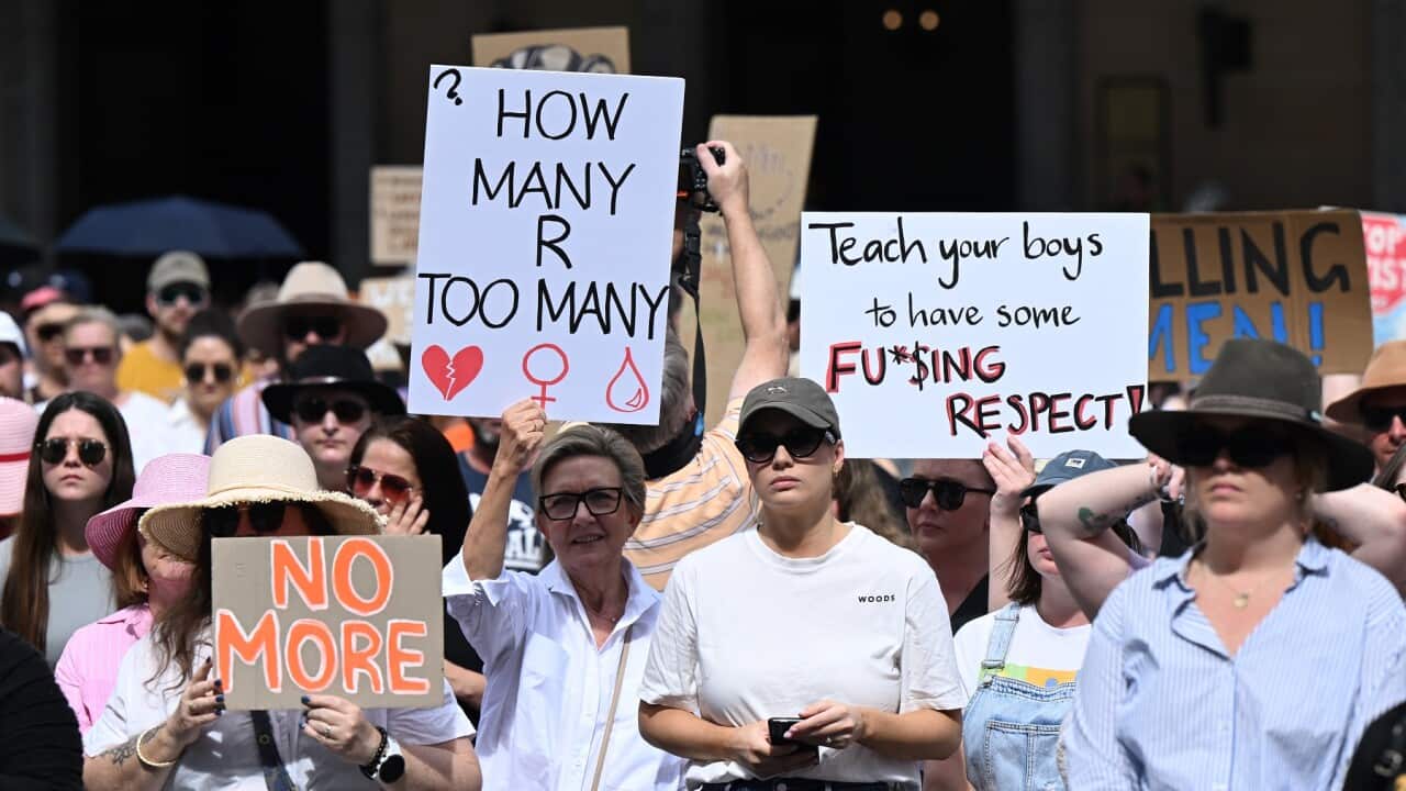 People are seen during a recent rally to end violence against women, at King George Square in Brisbane (AAP).
