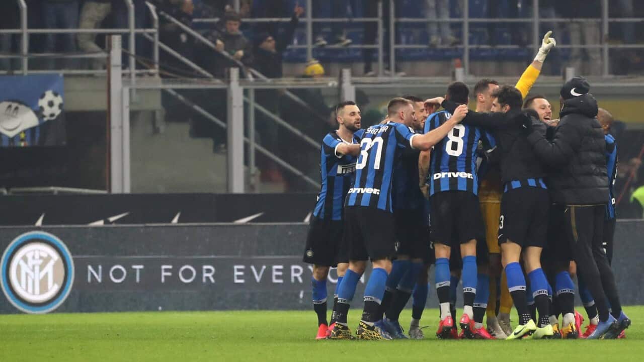 La gioia dei giocatori dell'Inter dopo il derby vinto in rimonta per 4-2