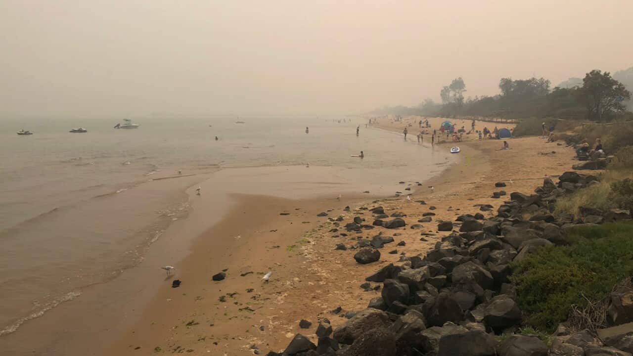 Smoke haze from bushfires is seen at Frankston Beach in Melbourne early in January
