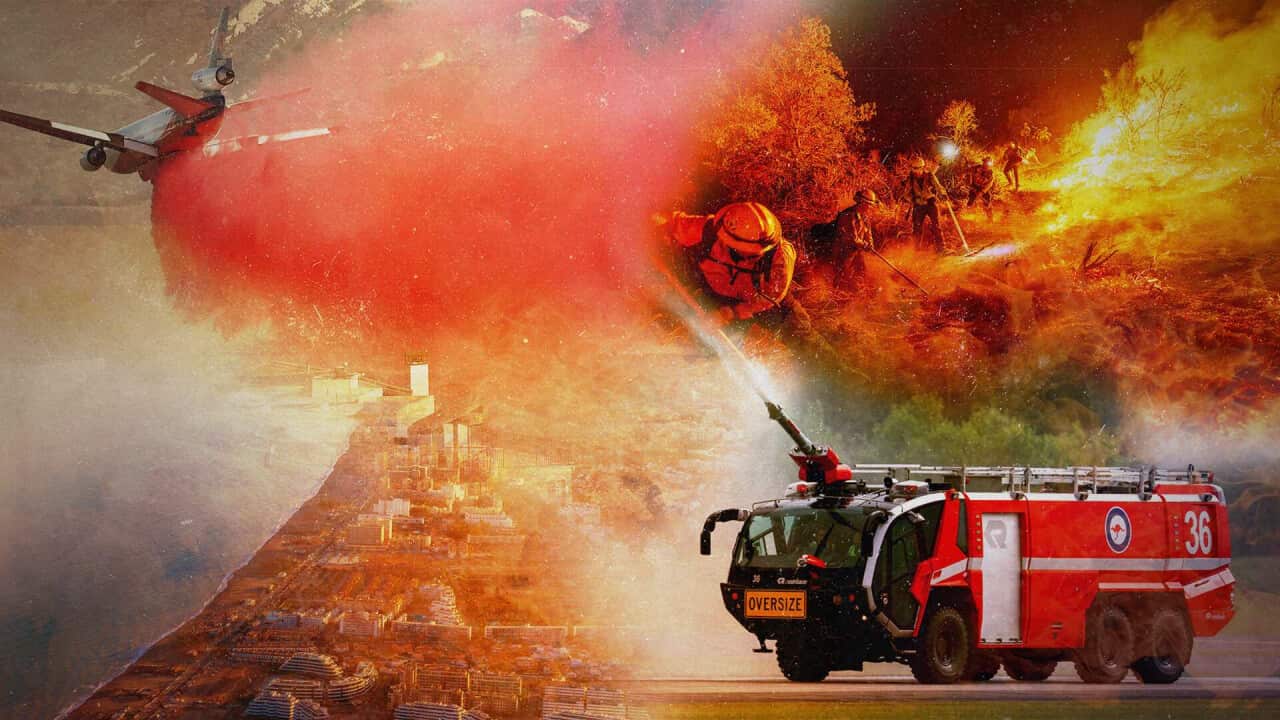 A stylised image featuring an aeroplane overhead, a firetruck, and firefighters trying to douse the flames with a cluster of buildings and houses faintly visible in the centre.
