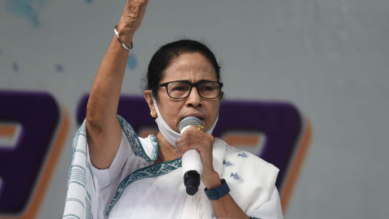 Trinamool Congress (TMC) Chief and West Bengal Chief Minister Mamata Banerjee addresses at Ekbalpur on September 22, 2021 in Kolkata, India.