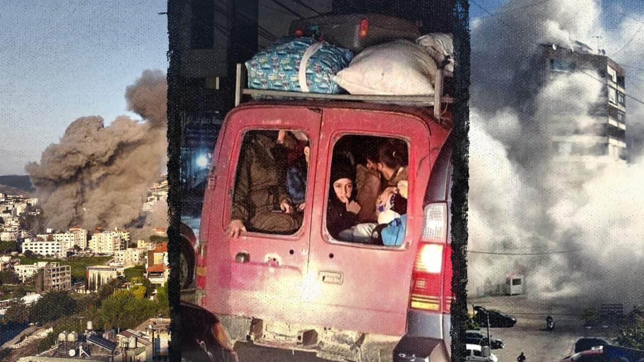 A composite image of smoke from bombings and a group of people packed tightly in a car