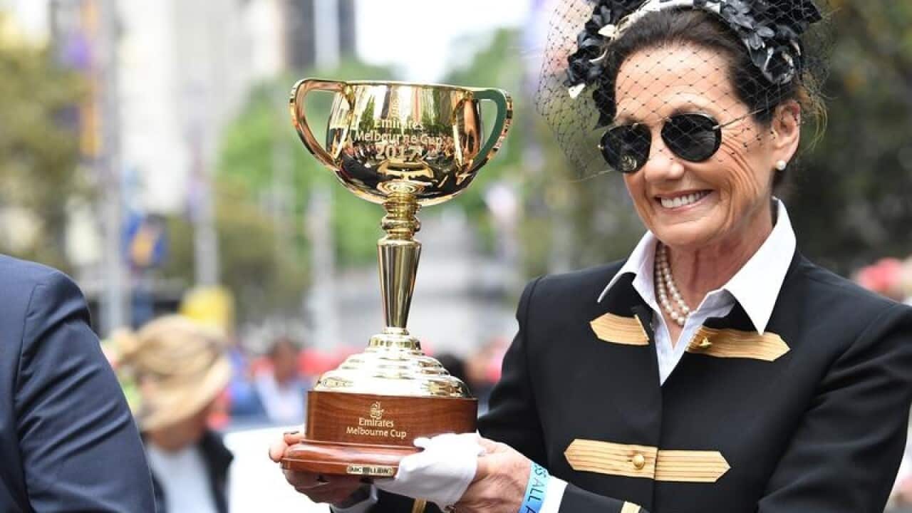 Victoria Racing Club chairwoman Amanda Elliott with the Melbourne Cup