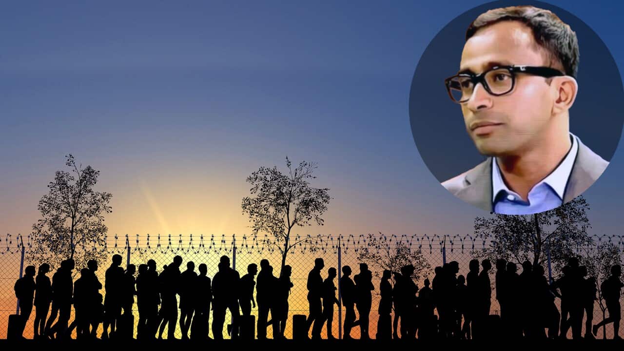 Column of migrants near the state borders. Fence and barbed wire. Surveillance, supervised. Refugees and immigrants; Inset: Nirmanusan Balasundaram, Team Leader, Settlement Engagement and Transition Support Program at Metro Assist