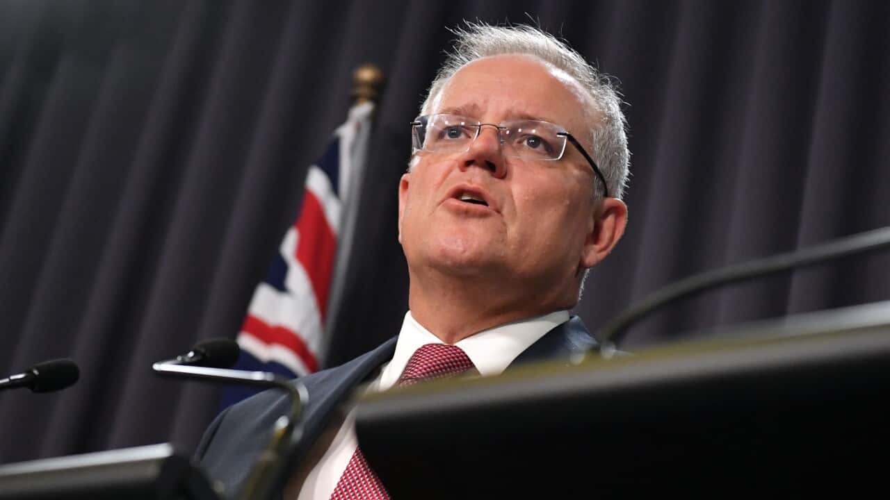 Prime Minister Scott Morrison gives an update on the coronavirus at a press conference at Parliament House in Canberra.
