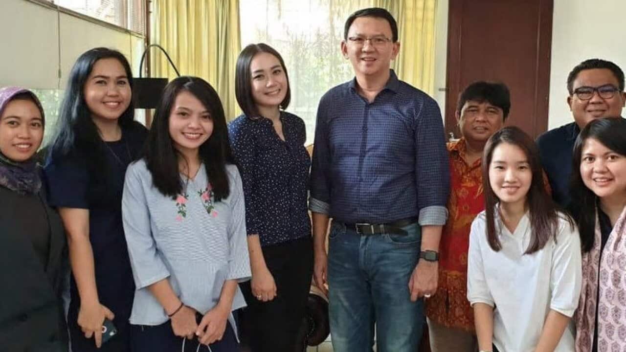 Basuki Tjahaja Purnama with his relatives after being freed from incarceration.
