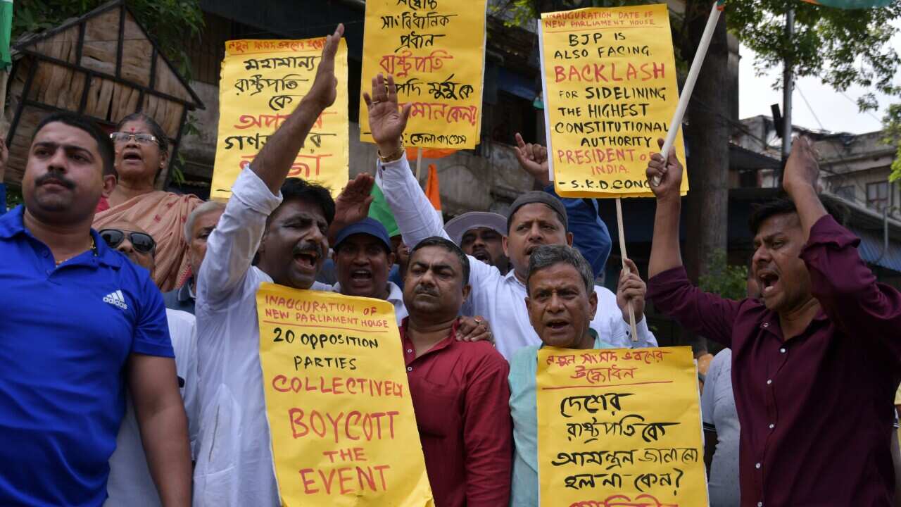 Congress party supporters protest in Kolkata, India - 28 May 2023