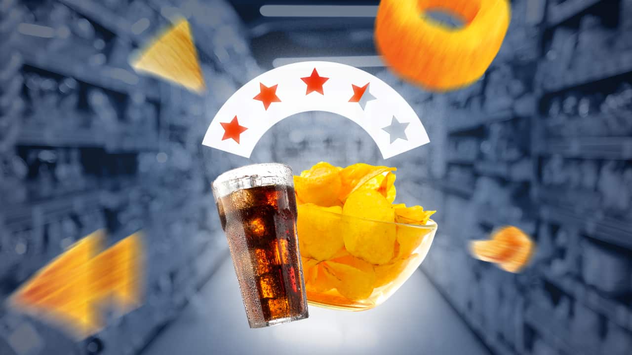 A cola drink and bowl of chips in front of a blurred supermarket background, with a 3.5 star rating above