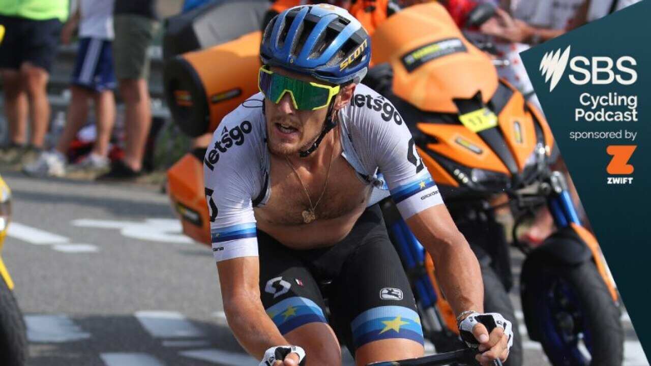 Matteo Trentin celebrates as he crosses the finish line of Stage 17