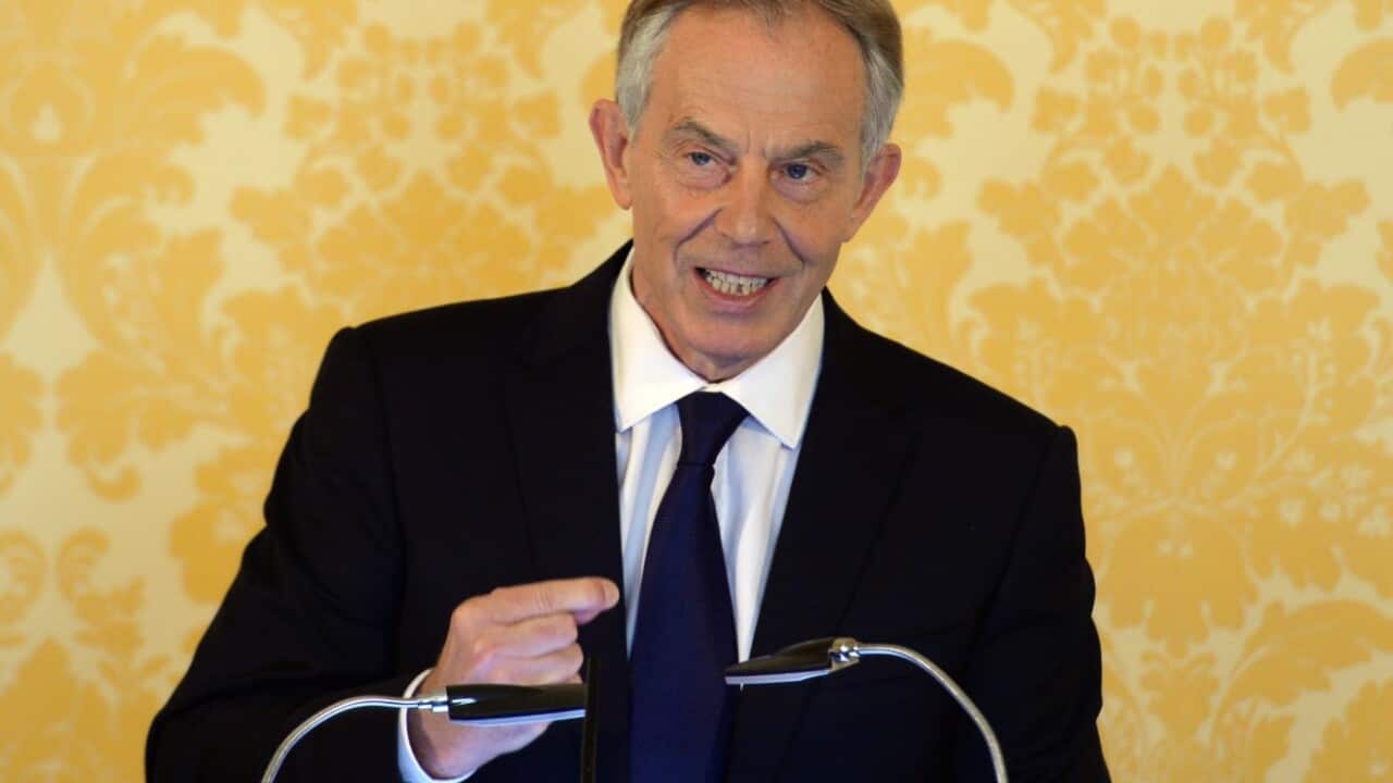 British former Prime Minister Tony Blair holds a press conference at Admiralty House, London,