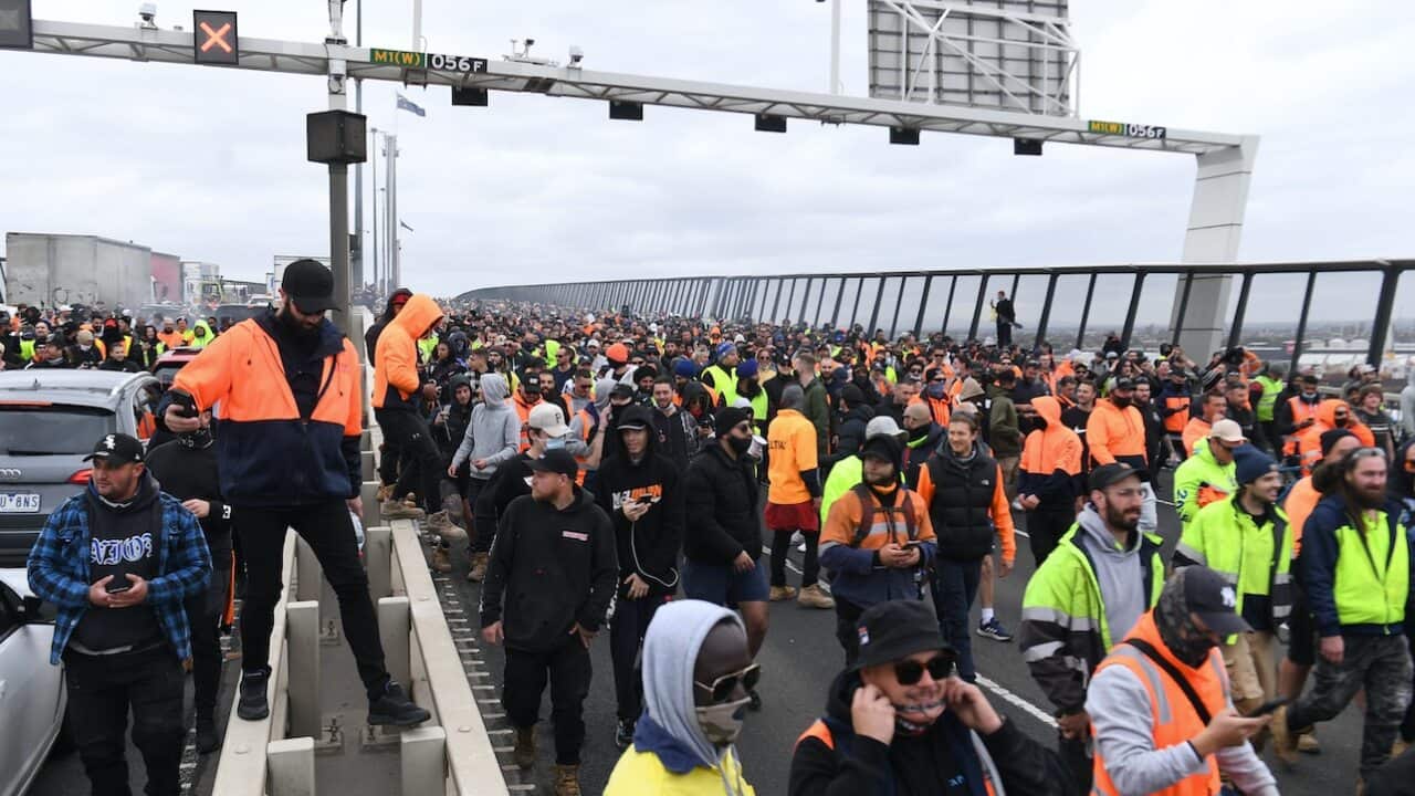 Protesters on the West Gate Bridge in Melbourne, Tuesday, September 21, 2021.