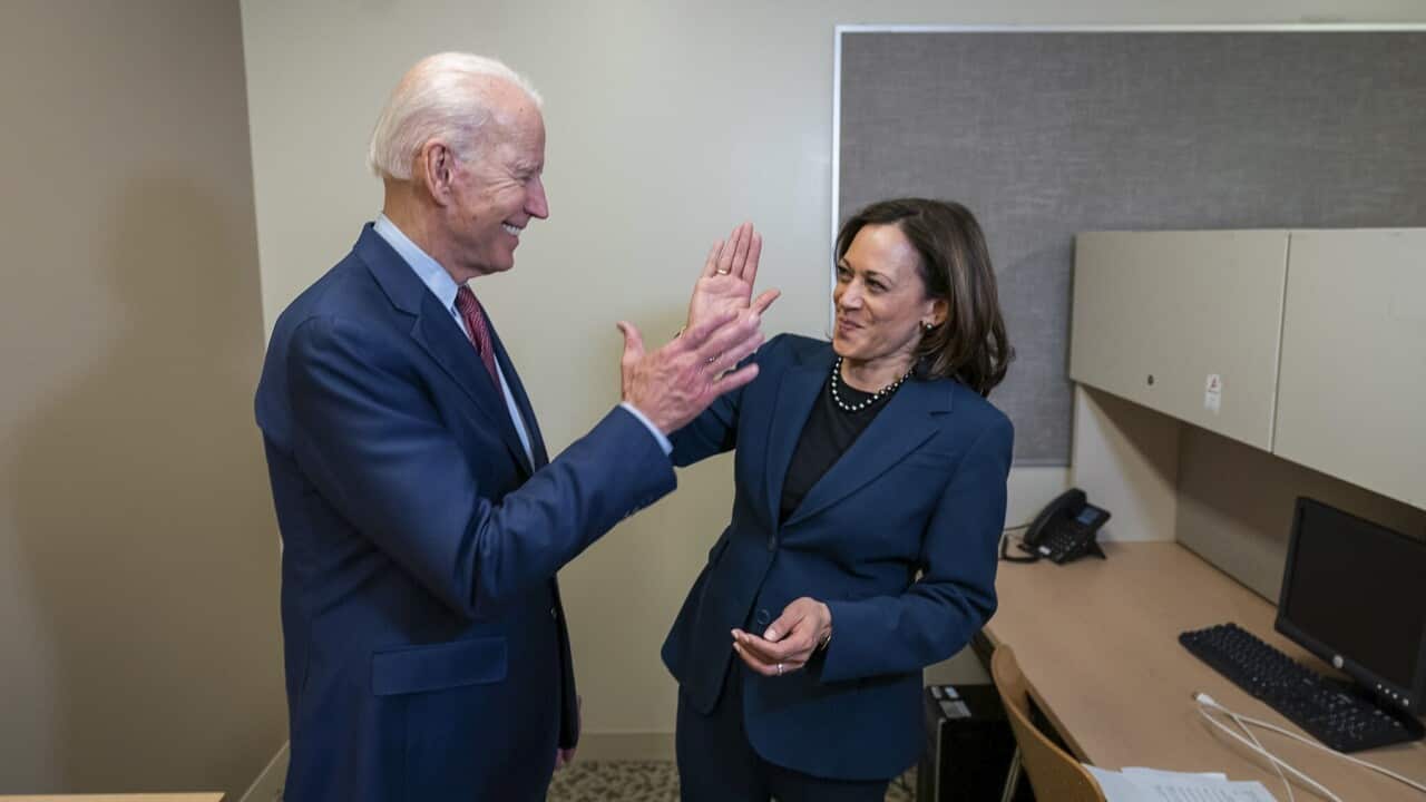 Former US Vice President and presumptive Democratic candidate for President Joe Biden with California Senator Kamala Harris.