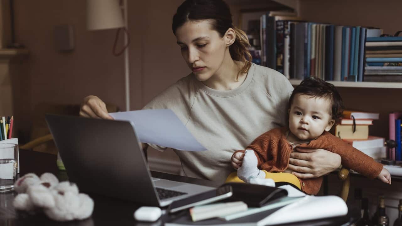 Female professional reading document while sitting with male toddler at home