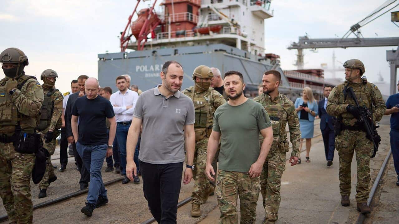 epa10097079 A handout photo made available by the Ukrainian Presidential Press Service shows Ukrainian President Volodymyr Zelensky (C) and G7 countries' ambassadors visit to the port of Odesa, Ukraine, 29 July 2022. Ukraine was ready to export Ukrainian