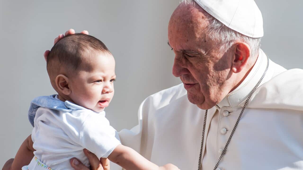 Pope Francis blesses a child during his general audience