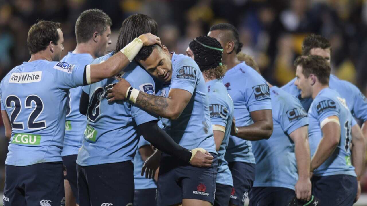 NSW Waratahs players celebrate